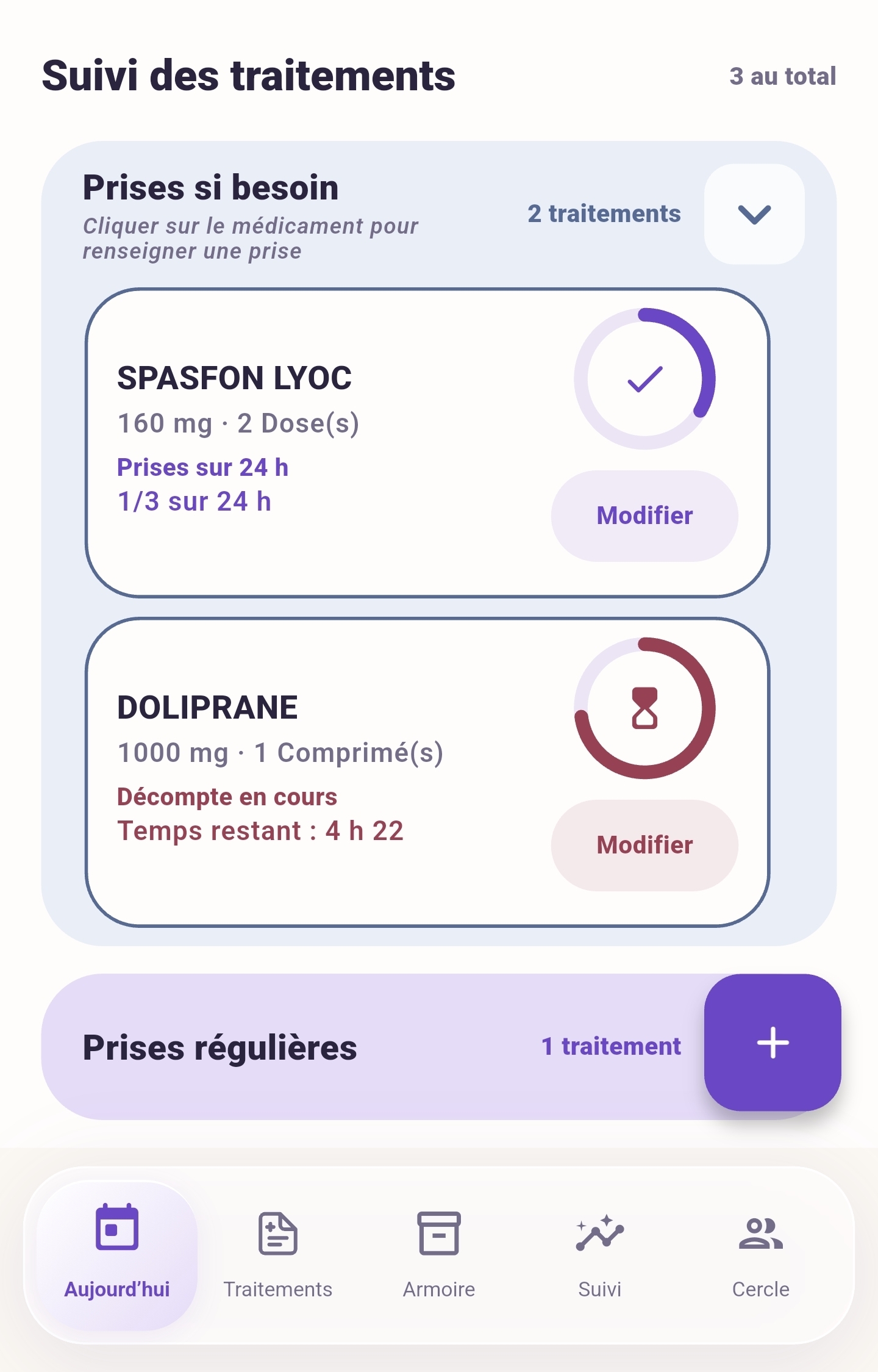 Two as-needed medications: Doliprane with a countdown in progress and Spasfon Lyoc with a 24-hour counter