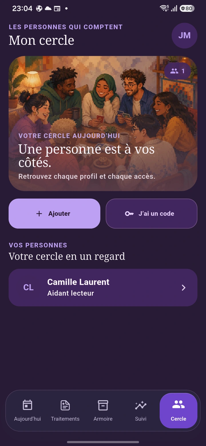 Cercle du profil fictif Julien avec Camille affichée comme aidante lectrice