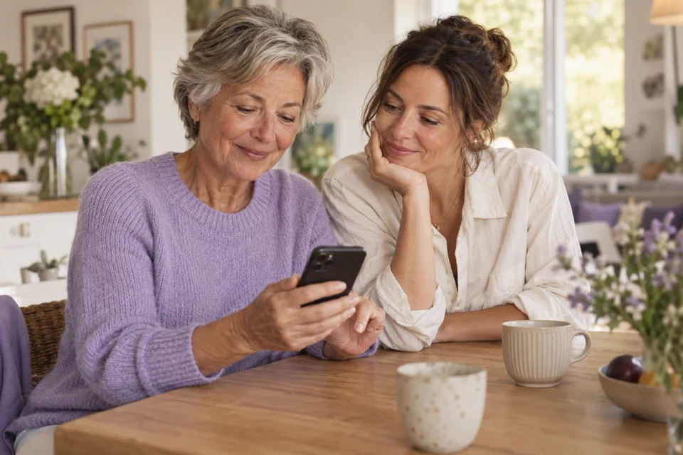 Deux femmes partagent un moment complice autour d’un téléphone, à la maison