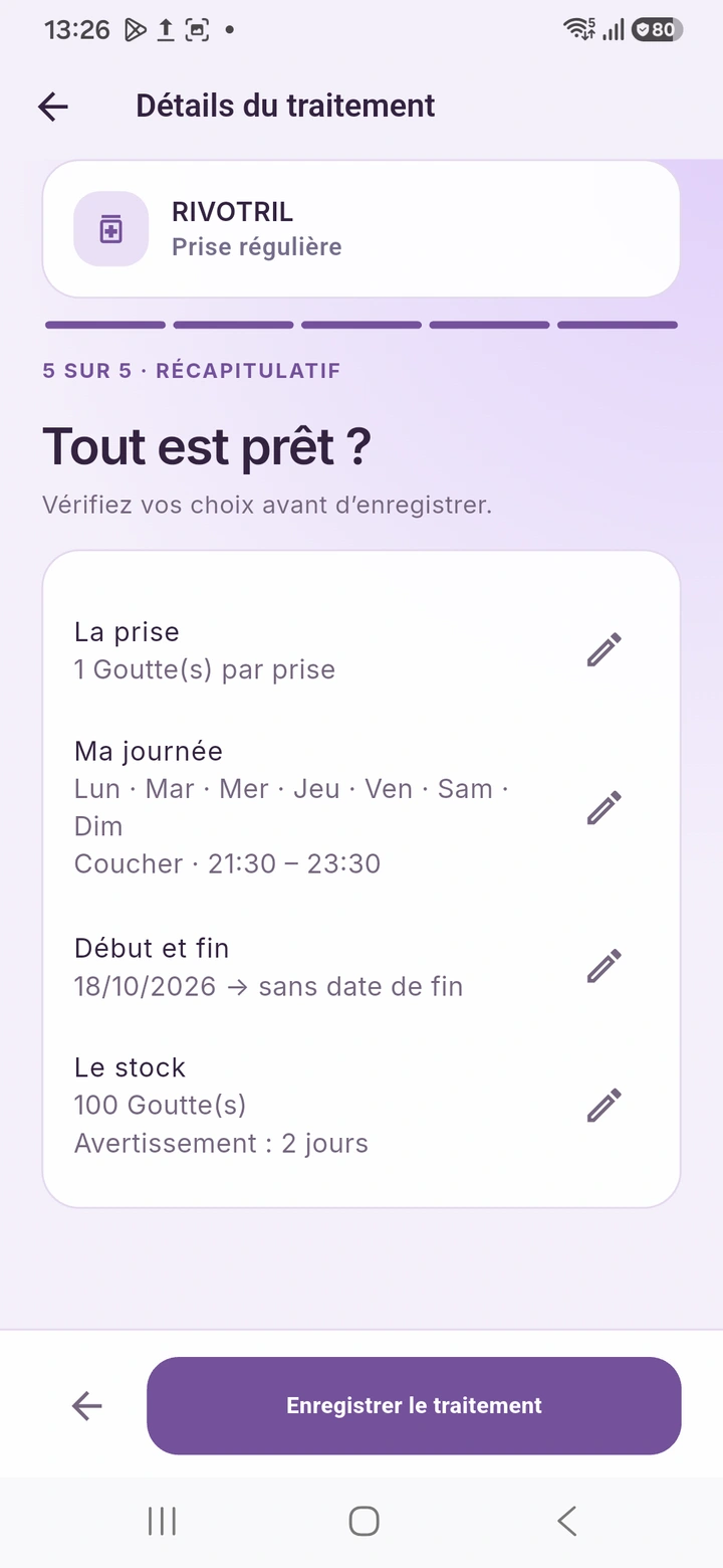 Récapitulatif d’un traitement régulier : jours, créneau, dates, quantité et stock
